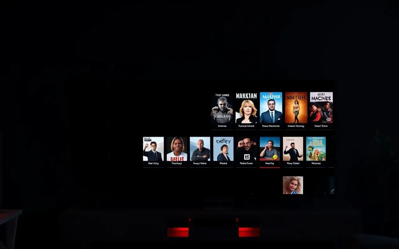 Grande schermo in un salotto scuro che mostra una griglia pulita di canali in diretta e copertine di film, illustrando una liste IPTV funzionante M3U ordinata