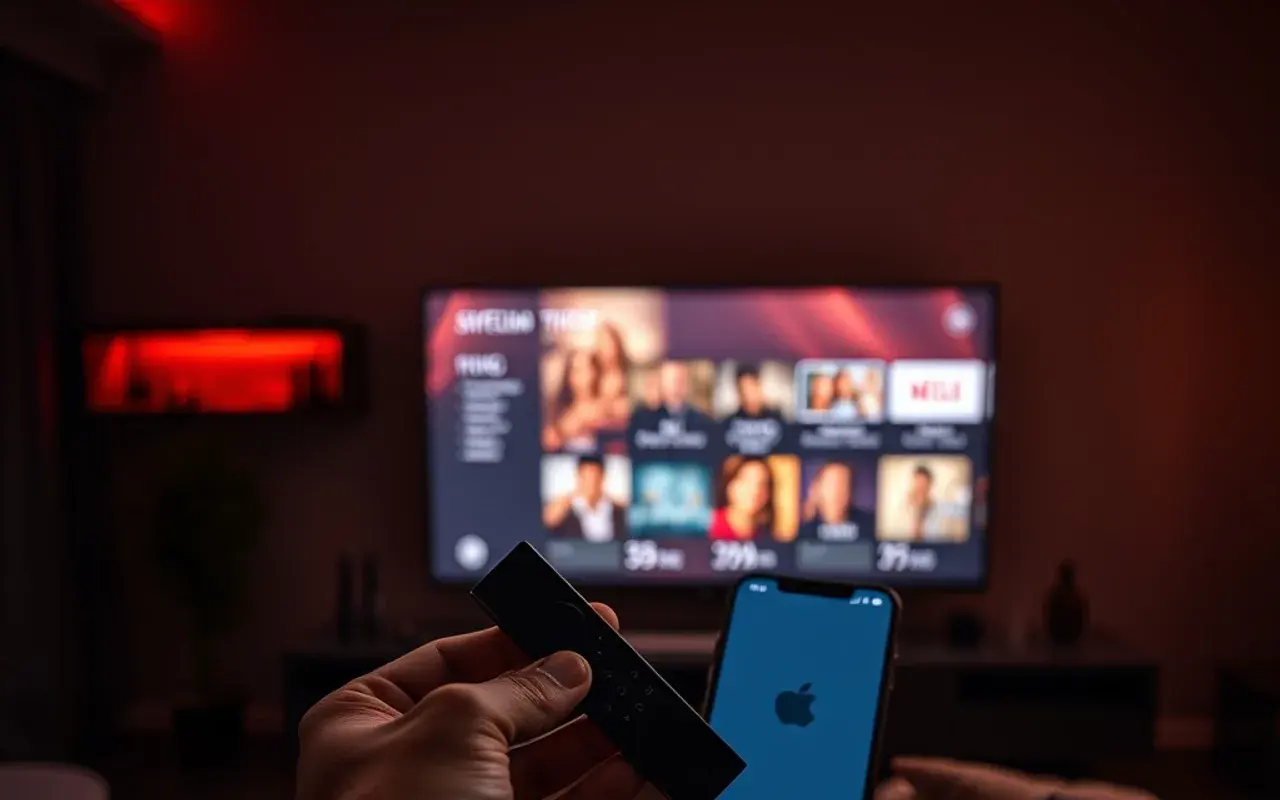 Una mano con una chiavetta di streaming e un telefono che mostrano la stessa interfaccia accanto a un televisore di sera, illustrando una liste IPTV funzionante su Smart TV, Firestick e mobile