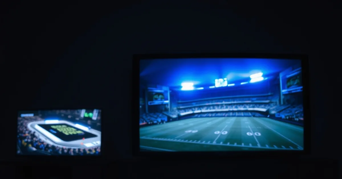 Salotto buio con più schermi accesi che mostrano interfacce di dispositivi streaming, luce blu di riflesso simile a quella di uno stadio