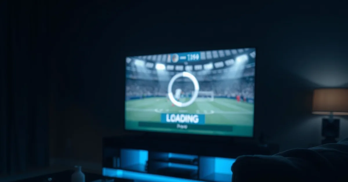 Salotto buio con TV che mostra una partita di calcio bloccata dal buffering e uno smartphone acceso su un test di velocità