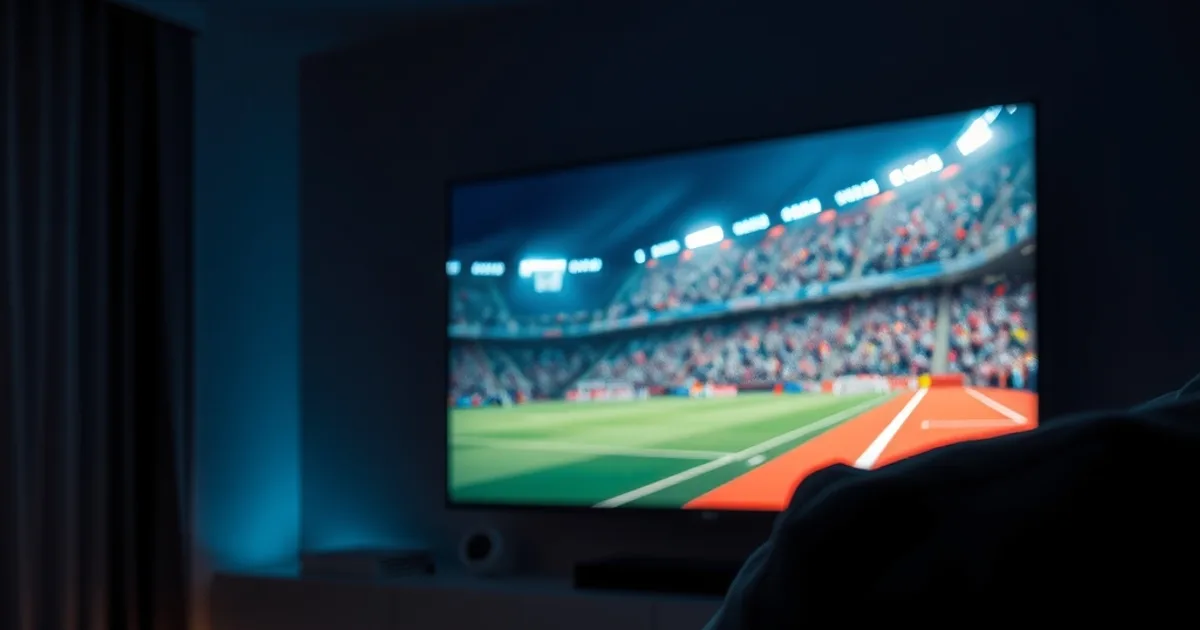 Salotto buio illuminato da una Smart TV che trasmette una partita di calcio con metà schermo che si distorce in pixel, atmosfera cinematografica scura
