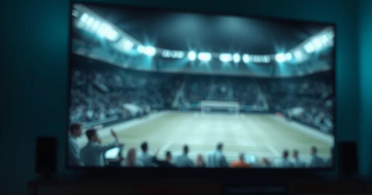 Telecomando e smartphone su un tavolo scuro davanti a uno schermo TV con un'immagine di calcio bloccata, atmosfera cinematografica blu-teal