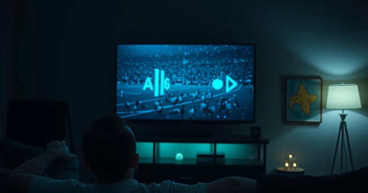 Persona seduta al buio davanti a una TV che mostra un fotogramma bloccato e sfocato durante una partita, luce blu che illumina la stanza