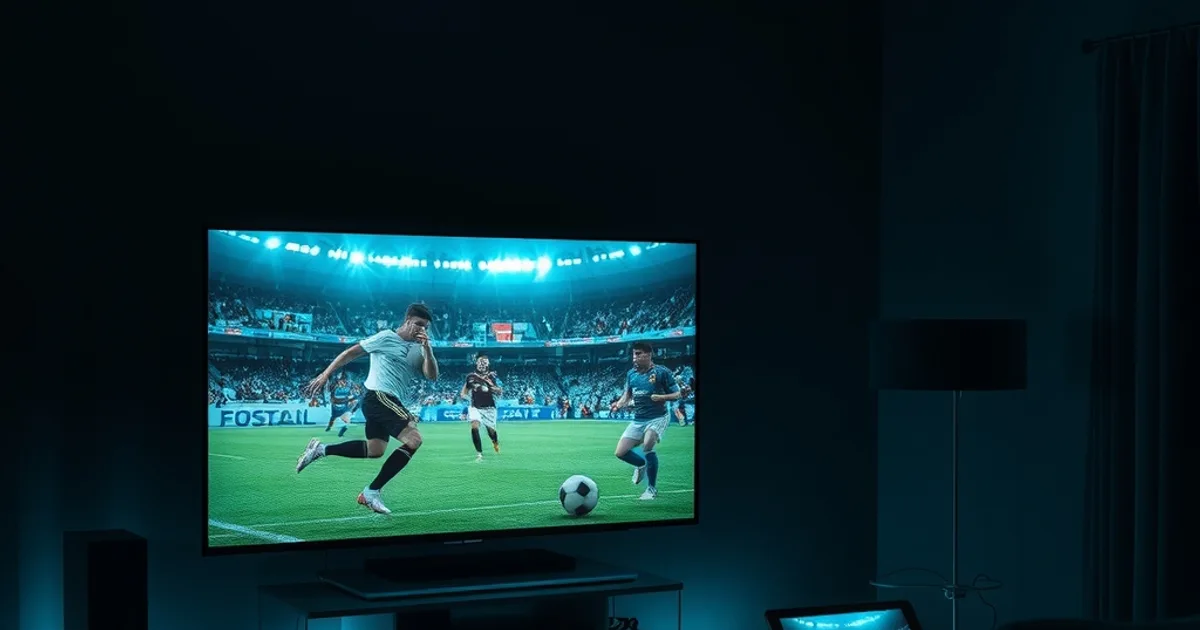 Salotto in penombra con una TV che trasmette una diretta calcistica e un tablet accanto che mostra lo stesso flusso, atmosfera cinematografica blu-teal