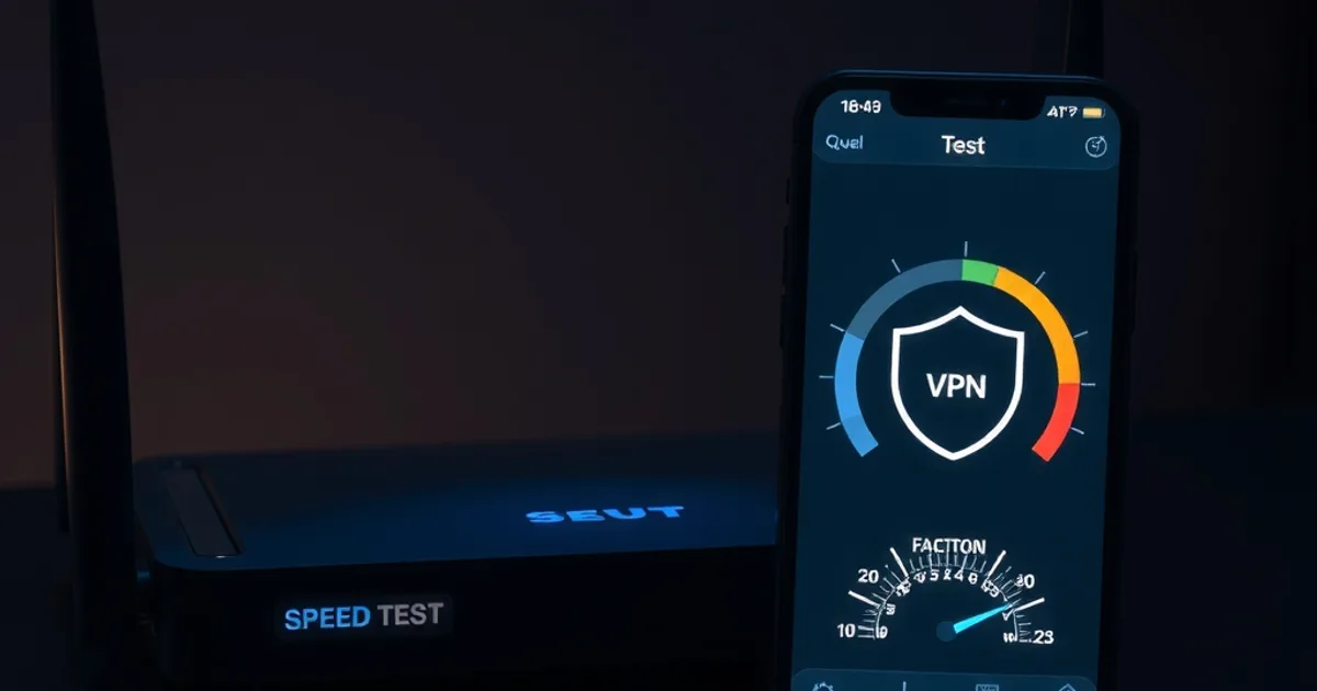 Router e smartphone con un'app di speed test affiancati su una scrivania scura di notte, uno schermo mostra velocità bassa e l'altro una connessione VPN più veloce